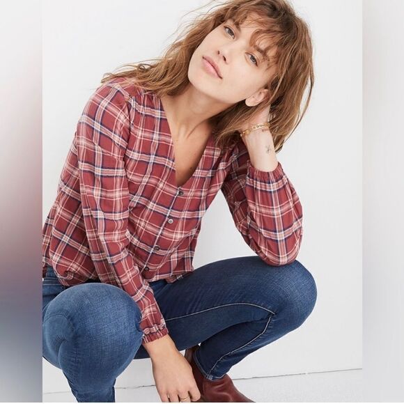 ✨ Madewell V-Neck Button-Down Shirt in Stratfield Plaid Pink Small - Picture 1 of 11